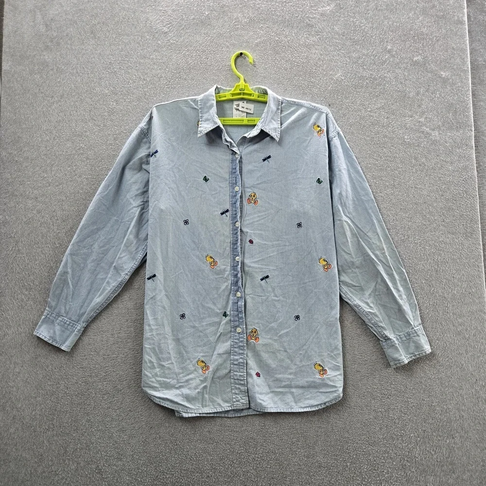 VINTAGE‎ Warner Bros Women Button Up Shirt L Blue Embroidered Chambray Tweety